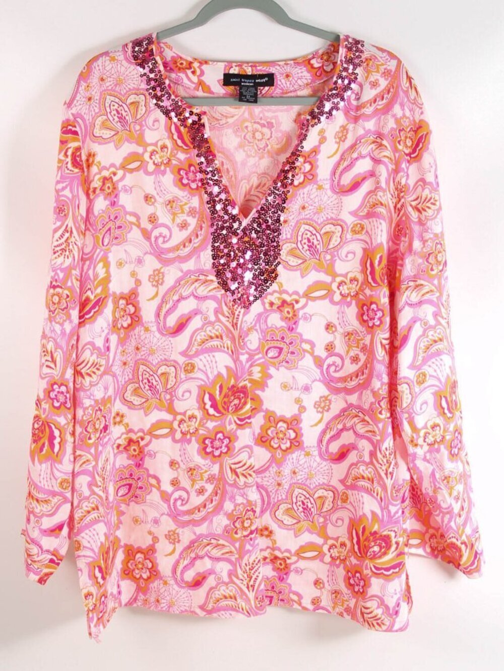 Saint Tropez West Women’s 2X Pink Paisley Linen Rayon Sequin Tunic Top Boho